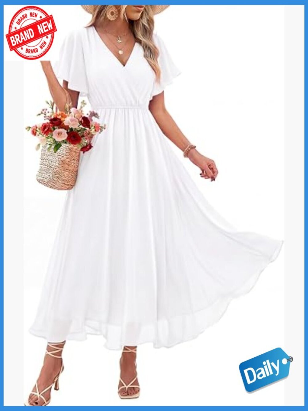 Flowy Chiffon Wrap V Neck Short Sleeve Maxi Dress Wedding Guest